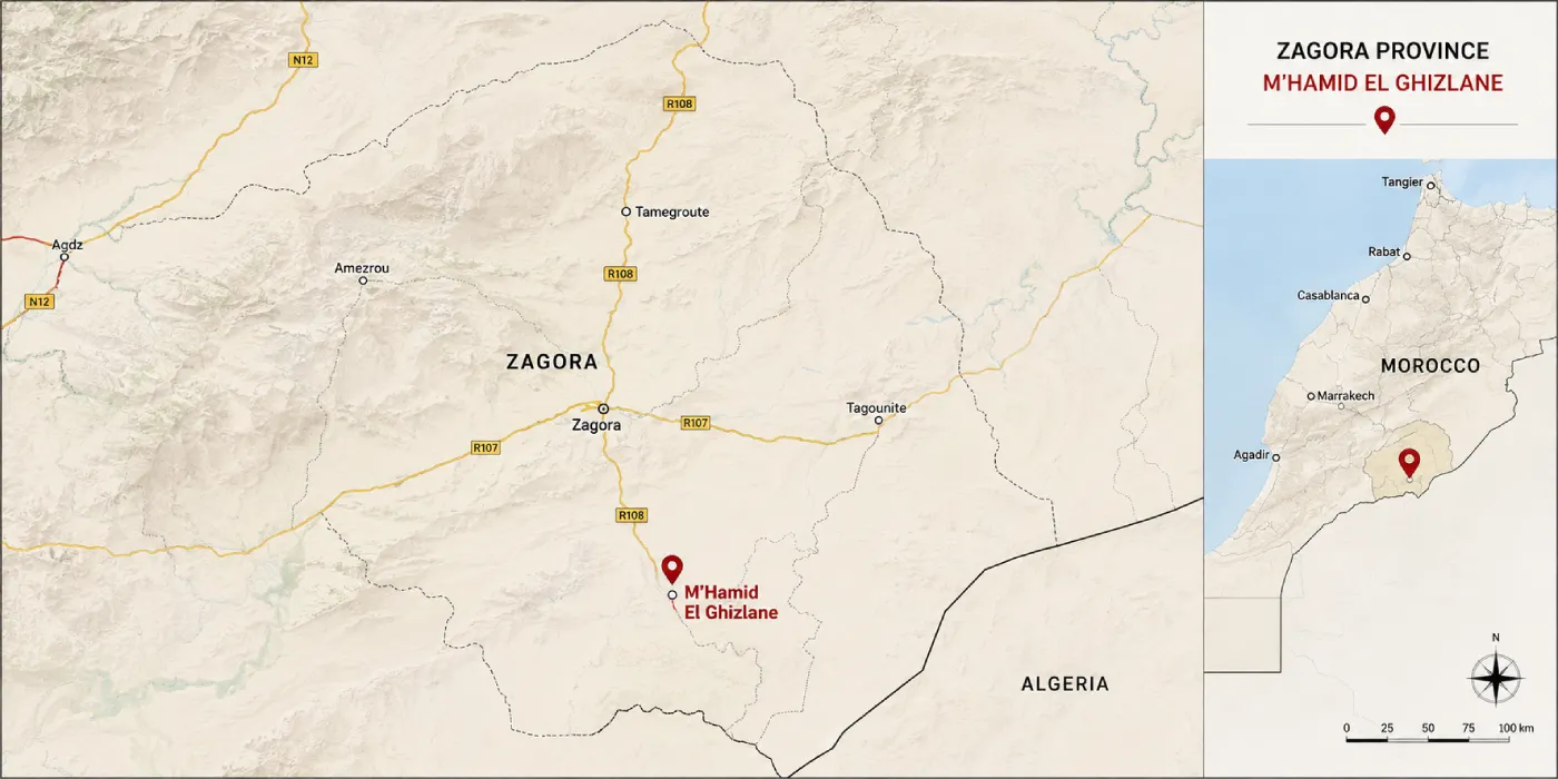 Map showing M'Hamid El Ghizlane in Zagora Province Morocco