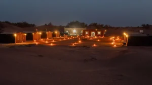 Sahara Desert Camp in M'Hamid Morocco at sunset