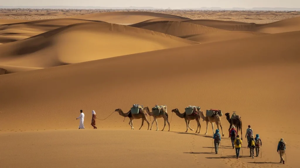 Sahara Desert trekking in M'Hamid Morocco with camel caravan