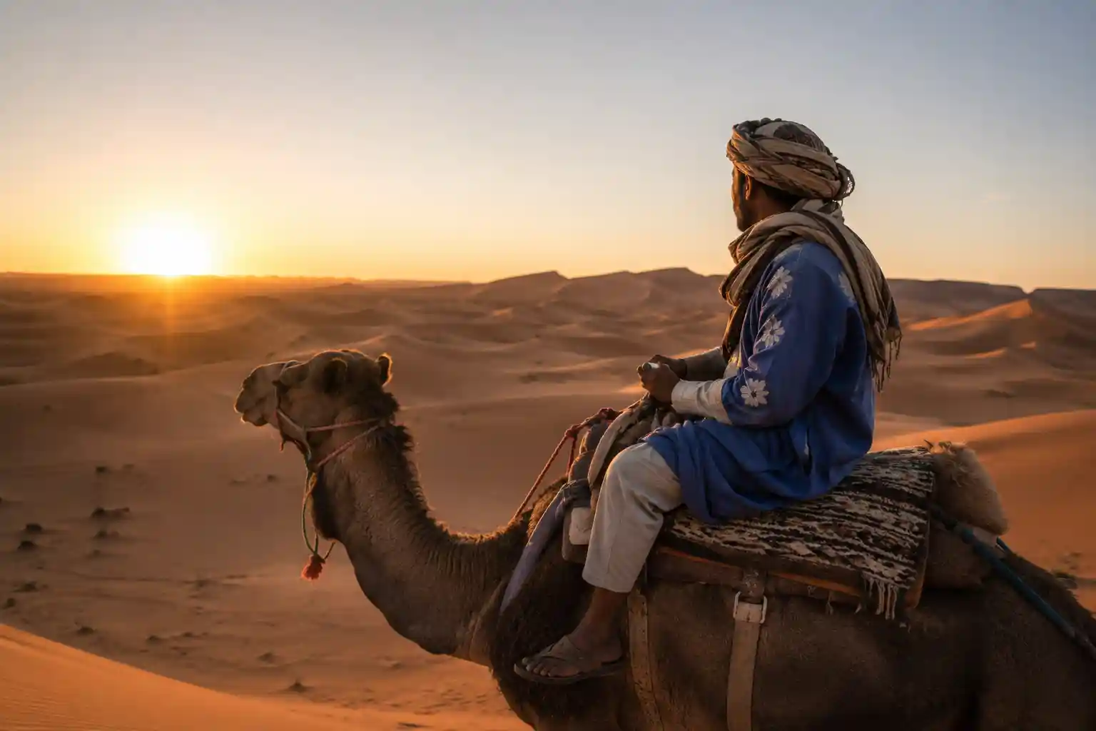 Camel trek gear essentials for the Sahara — sunscreen, water bottle, headlamp and desert scarf on the sand