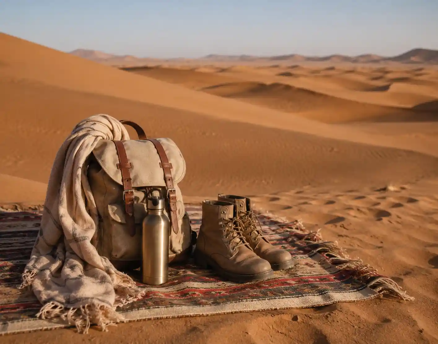 Sahara Desert packing list essentials — backpack, scarf, water bottle and boots laid out before a M'Hamid trek