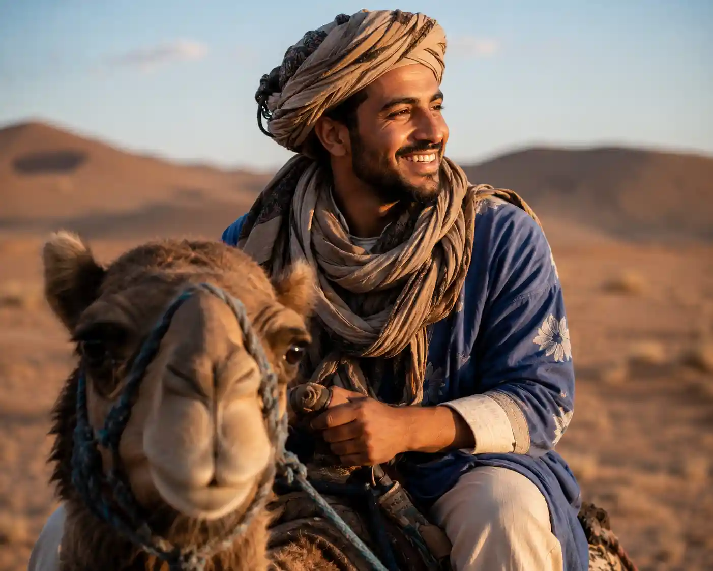 Traveler enjoying a camel trek across the Sahara Desert dunes near M'Hamid