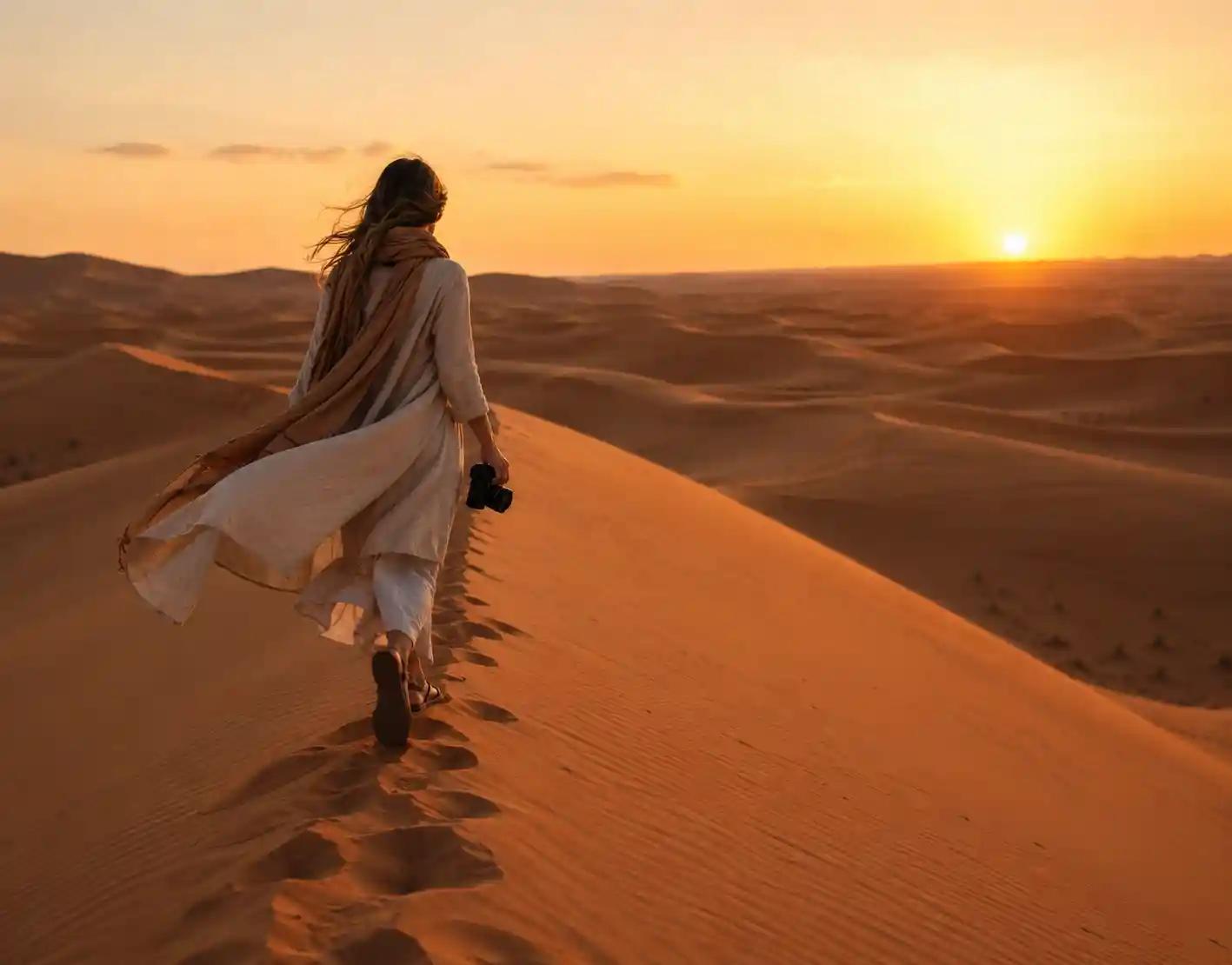 What to wear on a Sahara Desert trek — layered clothing and a desert scarf on the dunes at golden hour